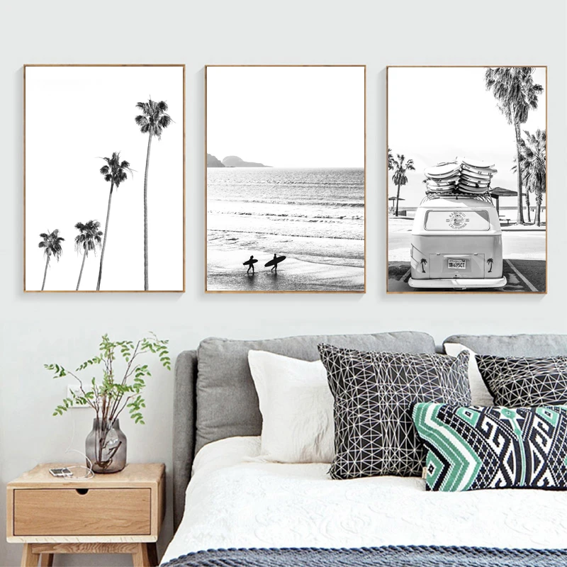 Beach Tropical Landscape Posters Prints Palm Beach Surf Wall Art Canvas Painting Black and White Photography Pictures Home Decor - Image 2
