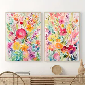 2pcs/set Vibrant Watercolor Floral Canvas Prints Colored Flowers Plant Garden Wall Art Posters for Modern Living Room Home Decor
