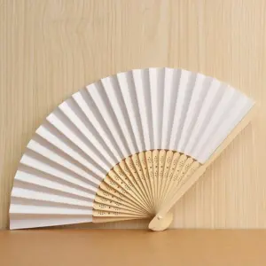 Hand Held White Paper Fans Bamboo Wooden Handle Folding Fans Handheld Folded Fan for Wedding Party DIY Decoration