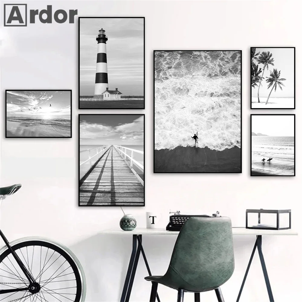 Black White Sea Beach Whale Lighthouse Wall Art Poster And Print Landscape Canvas Nordic Art Painting Modern Pictures Home Decor - Image 2