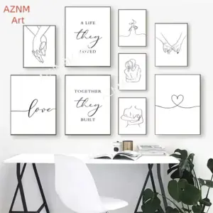 Nordic Black White Couple Line Poster Romantic Hand Love Kiss Wall Art Canvas Print Painting Home Decor for Bedroom Living Room