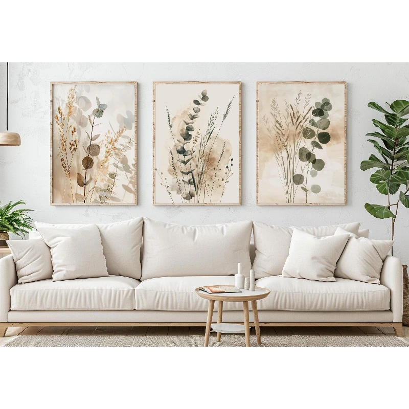3pc Botanical Wall Artwork Neutral Minimalist Prints Scandinavian Bedroom Decor Eucalyptus Triptych Boho Living Room Wall Art - Image 5