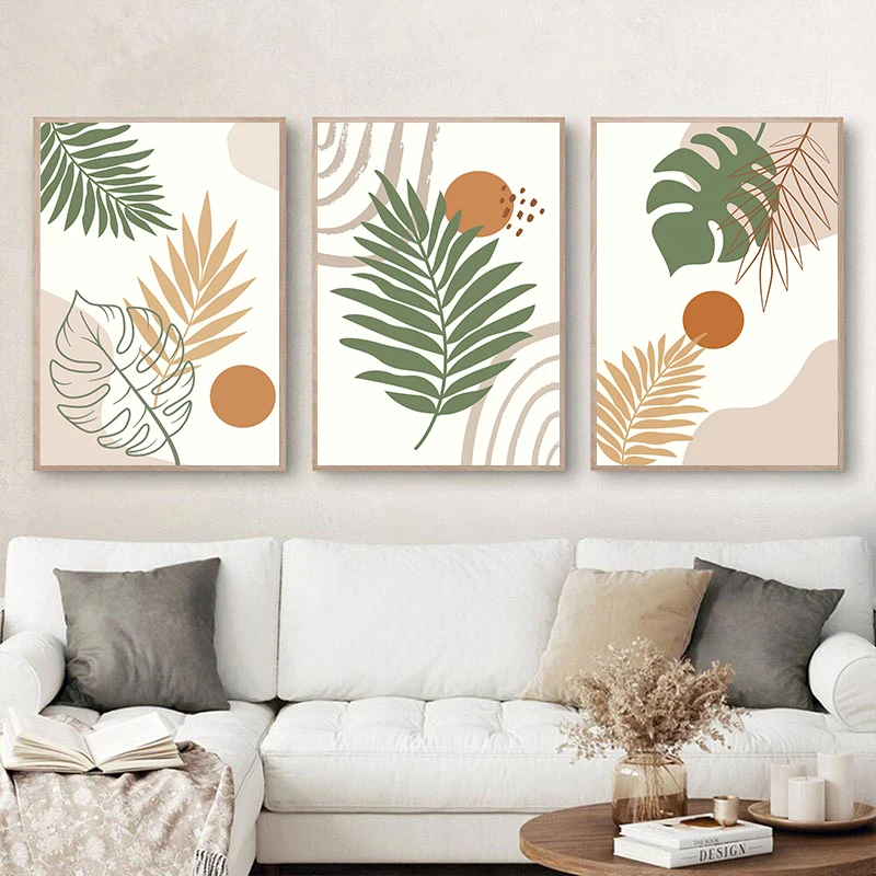 Orange Bohemian Leaves Canvas Painting Abstract Geometric Lines Posters Prints Pictures Modern Living Room Wall Art Home Decor - Image 3