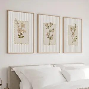 3pcs/set Orange Striped Flower Canvas Poster Medium Cottagecore Beige Wildflower Striped Plant Wall Art Poster for Home Decor