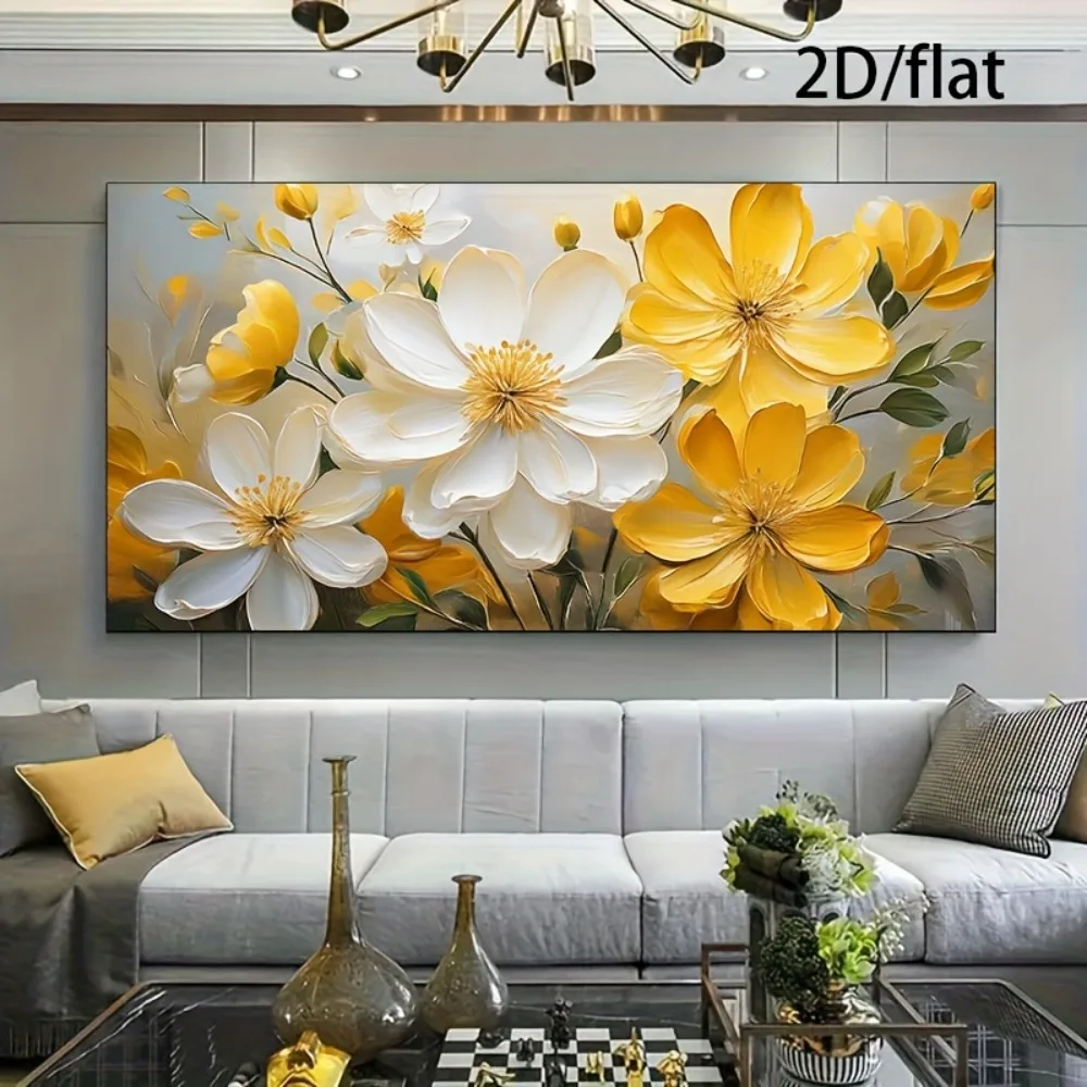Flat 2D White and Yellow Flower Abstract Canvas Prints Poster Modern Floral Large Horizontal Art Prints Wall Art Home Decor - Image 2