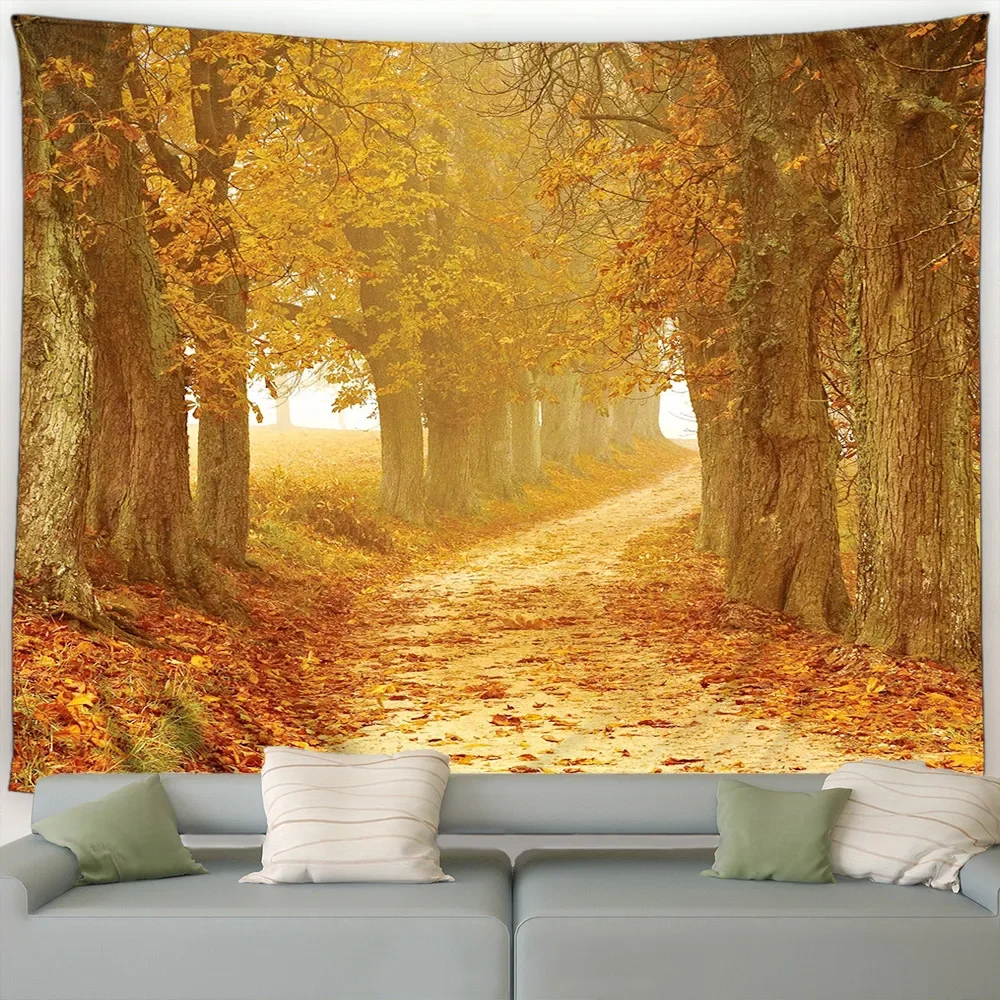 Autumn Forest Tapestry Natural Maple Tree Yellow Falling Leaves Rustic Landscape Fall Garden Wall Hanging Home Living Room Decor - Image 4