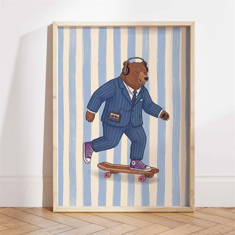 Retro Kids Room Decor Poster Skateboarding Bear Nursery Print Canvas Painting Wall Art Picture for Bathroom Home Decoration - Image 2