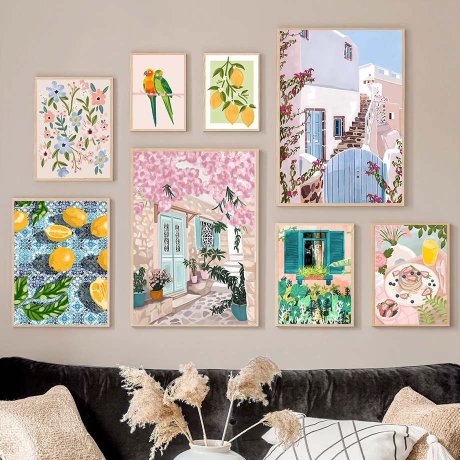 Santorini Lemon Coffee Flowers Summer Illustration Posters & Prints Wall Art Canvas Painting Pictures For Living Room Home Decor - Image 2