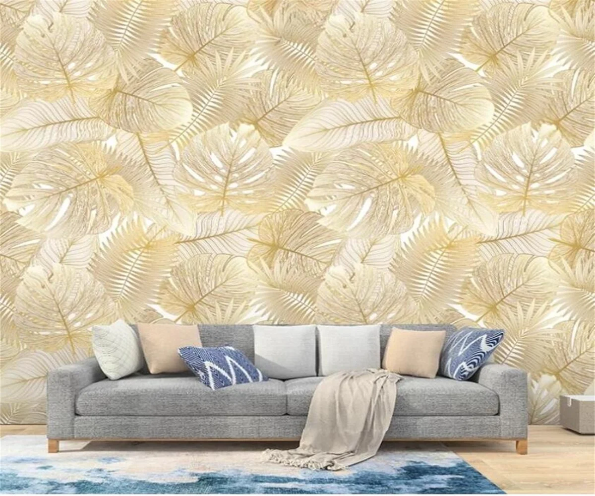 Customized size mural metal lines leaf decoration painting European gold leaf simple seamless connection leaf 3d wallpaper - Image 3