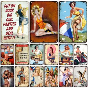 Rusty Pin Up Girl Metal Poster Decorative Plate Home Bar Cafe Metal Tin Sign Vintage Retro Metal Plaque Wall Industrial Decor