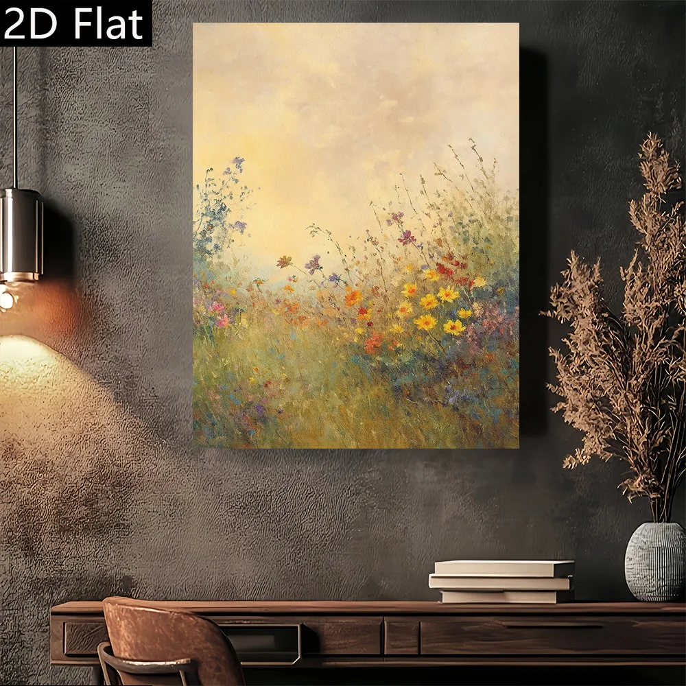 2D Flat, 1pc Wildflower Field Sunset Landscape Art Print - Frameless Vertical Canvas Wall Painting, Modern Retro Beige & Golden - Image 3