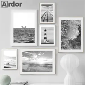 Black White Sea Beach Whale Lighthouse Wall Art Poster And Print Landscape Canvas Nordic Art Painting Modern Pictures Home Decor