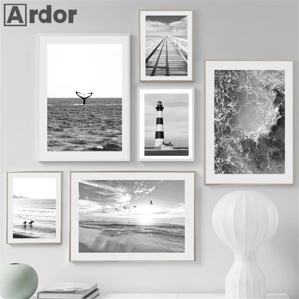 Black White Sea Beach Whale Lighthouse Wall Art Poster And Print Landscape Canvas Nordic Art Painting Modern Pictures Home Decor