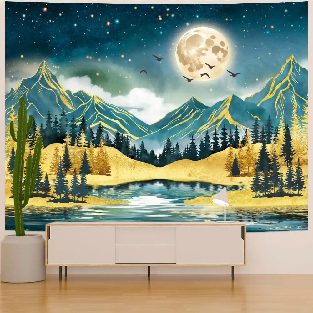 Watercolor Mountain Tapestry Starry Moon Night Tapestries Forest Trees Wall Tapestry Aesthetic Nature Landscape Wall Hanging - Image 5