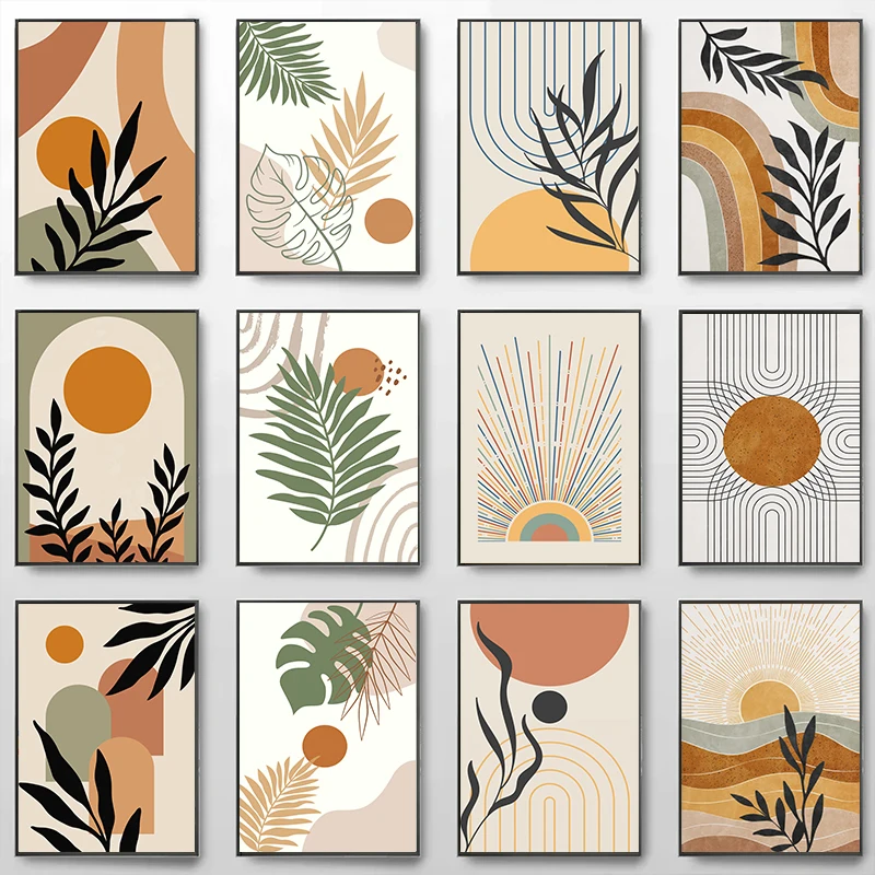 Orange Bohemian Leaves Canvas Painting Abstract Geometric Lines Posters Prints Pictures Modern Living Room Wall Art Home Decor