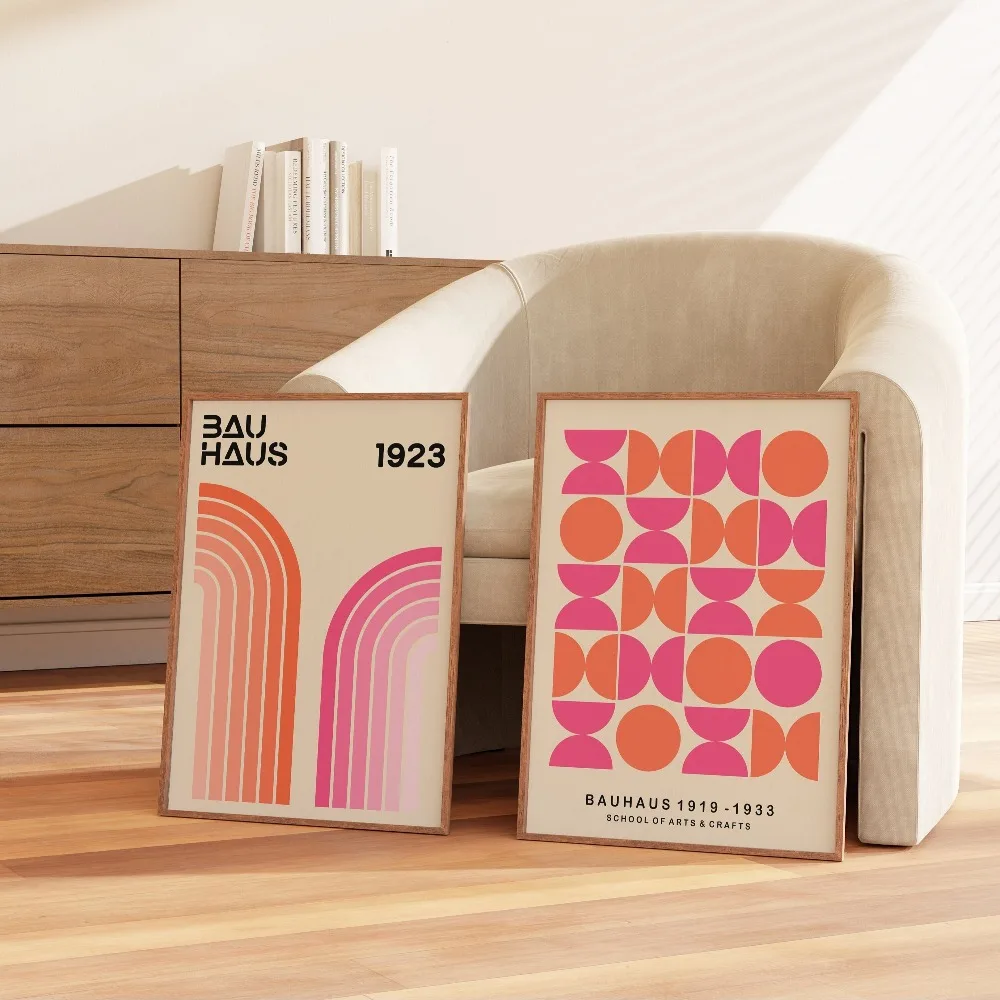 2pcs Set Mid-Century Geometric Bauhaus Canvas Prints Pink Orange, Frameless Wall Art for Modern Living Room,Bedroom,Dorm Decor - Image 2