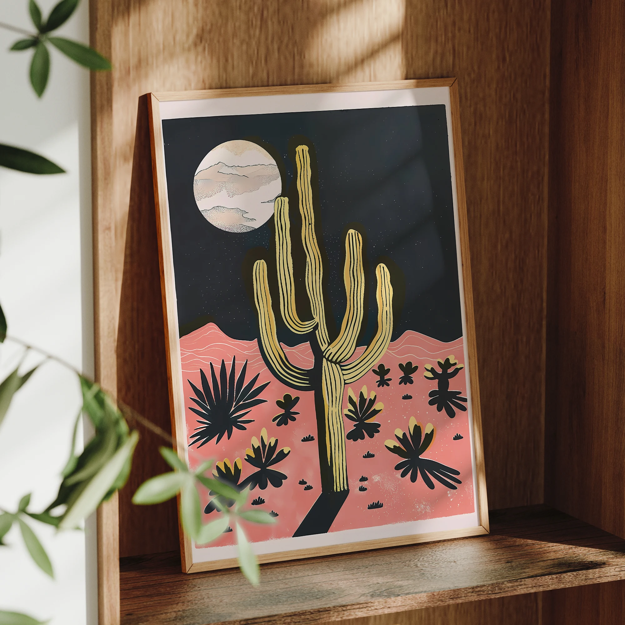 Modern Desert Night Moon Giant Cactus Wall Art Aluminum Frame Prints Canvas Painting Poster Picture For Living Room Home Decor - Image 3