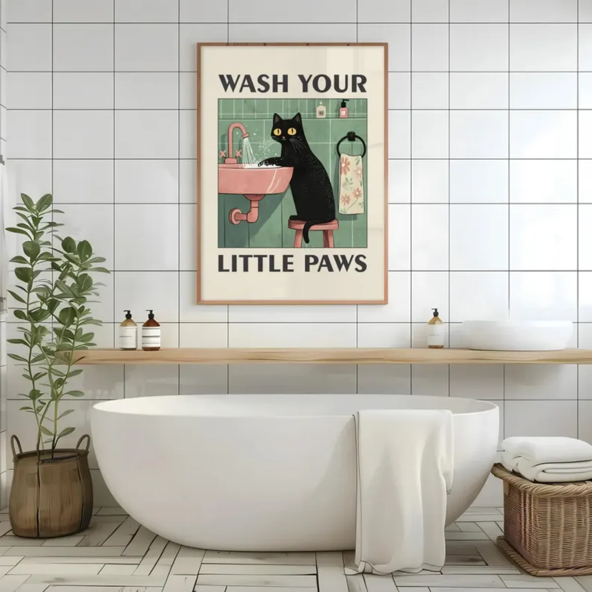 "Wash Your Paws" Cat Illustration Canvas Prints Poster Modern Funny Animal Art Prints Wash Room Bathroom Home Decor Art Poster - Image 5