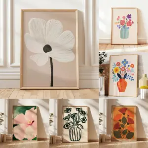 1pc Retro Beige Floral Line Printing,Simple Canvas Painting,Frameless Modern Plant Wall Decor for Living Room,Housewarming Gifts