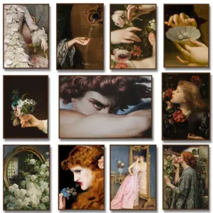 Alter Vintage Woman Portrait Poster Baroque Moody French Antique Flower Fallen Angel Canvas Painting for Living Room Home Decor