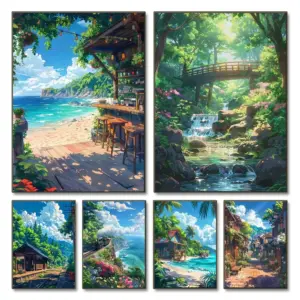Sea Summer Landscape Bar Anime Wall Art Poster Blue Cabin Beach Forest Canvas Painting Print Picture Living Room Modern Decor
