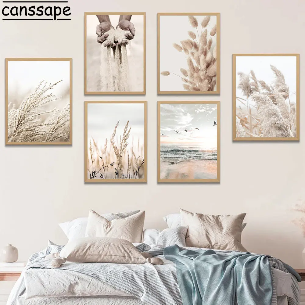 Beige Scenery Print Pictures Hay Reed Hand Sand Canvas Painting Sea Beach Seagull Wall Art Nordic Wall Posters Living Room Decor - Image 2