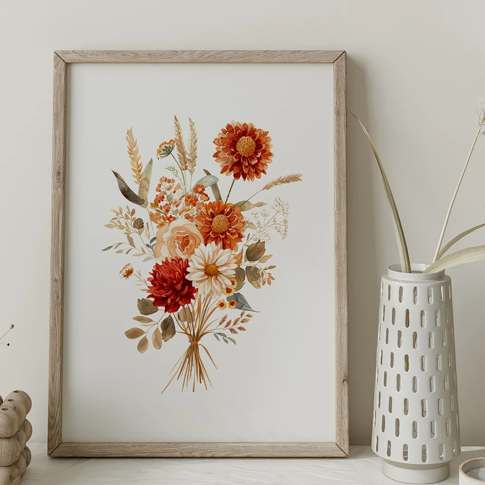 Autumn Floral Wall Poster Orange Red Combination Bouquet Painting Neutral Minimalist Print Living Room Bedroom Decor No Frame - Image 3