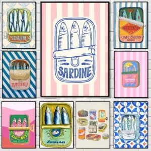 Colorful Sardines Marine Animals Canvas Poster Minimalist Red Mermaid Food Wall Art Prints Modern Kitchen Bar Home Decor