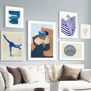 Blue Striped Girl Book Vase Wall Art Canvas Painting Abstract Posters And Prints Hotel Bar Wall Pictures For Living Room Decor