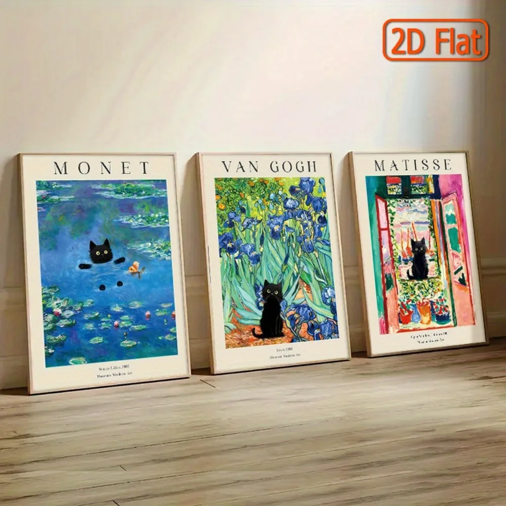 3 Frameless Canvas Prints of Famous Artists,Monet,Van Gogh,Matisse and Cat Illustrations,Classic Masterpieces and Modern Twists - Image 3