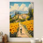 1pc Stunning Canvas Art Print - Scenic Countryside Bicycle Pathway with Sunflowers & Vineyards, Unframed Wall Decor for Bedroom,