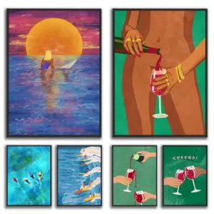 Surfing Colorful Poster Print Trendy Kitchen Print Wine Poster Boho Decor Cheers To Us Red Wine Toast Canvas Painting Unframed