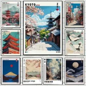 Tokyo Street Cherry Blossom Tourism Canvas Print Poster Japan Mount Fuji Sunrise Landscape Pagoda Wall Art Poster for Home Decor