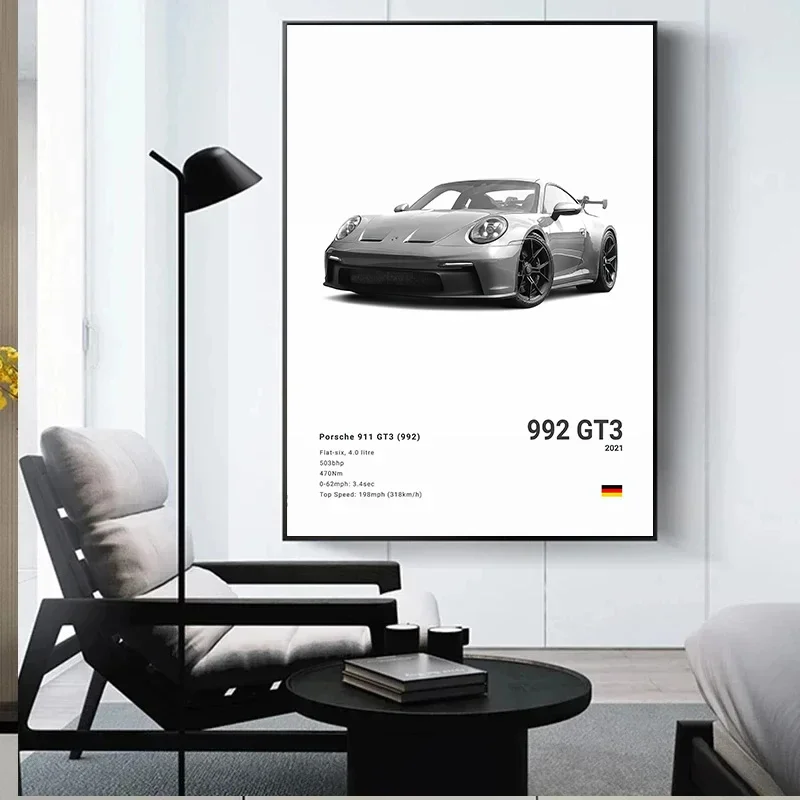 Black and White German Luxury Sports Car Posters Wall Art 911 GT3 RS Turbo Canvas Painting Pictures For Garage Living Room Decor - Image 3