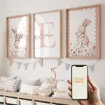 3pcs Personalized Custom Name Cartoon Child pink Rabbit Wall Art Print Picture Canvas Poster Painting For Living Room Home Decor