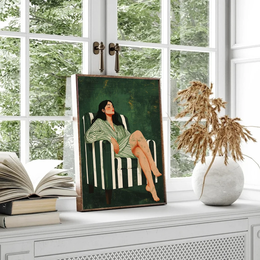 Emerald Green Abstract Female Minimalist Art Posters Nordic Style Stripes Casual Girl Canvas Painting Modern Warmth Home Decor - Image 3
