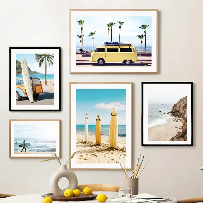 Sea Wave Surfing Beach Car Lighthouse Palm Landscape Posters and Prints Canvas Printing Wall Art Picture for Living Room Decor - Image 2