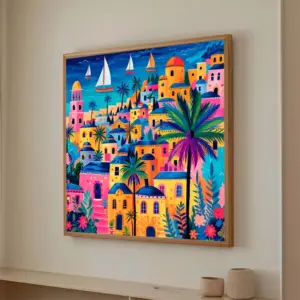 Colorful Buildings Sailboat Palm Tree Mediterranean Coastal Town Canvas Painting Poster Print Wall Art Living Room Home Decor