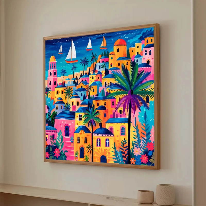 Colorful Buildings Sailboat Palm Tree Mediterranean Coastal Town Canvas Painting Poster Print Wall Art Living Room Home Decor