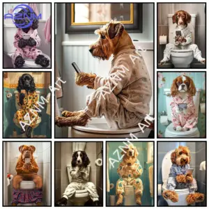 1PC Creative and cute Teddy Dog toilet reading newspaper playing mobile phone bathroom bathroom toilet decor poster