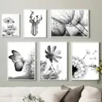 Elegant Black and White Floral Dandelion Butterfly Canvas Wall Art  Modern Home Decor for Living Room  Bedroom