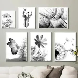 Elegant Black and White Floral Dandelion Butterfly Canvas Wall Art  Modern Home Decor for Living Room  Bedroom