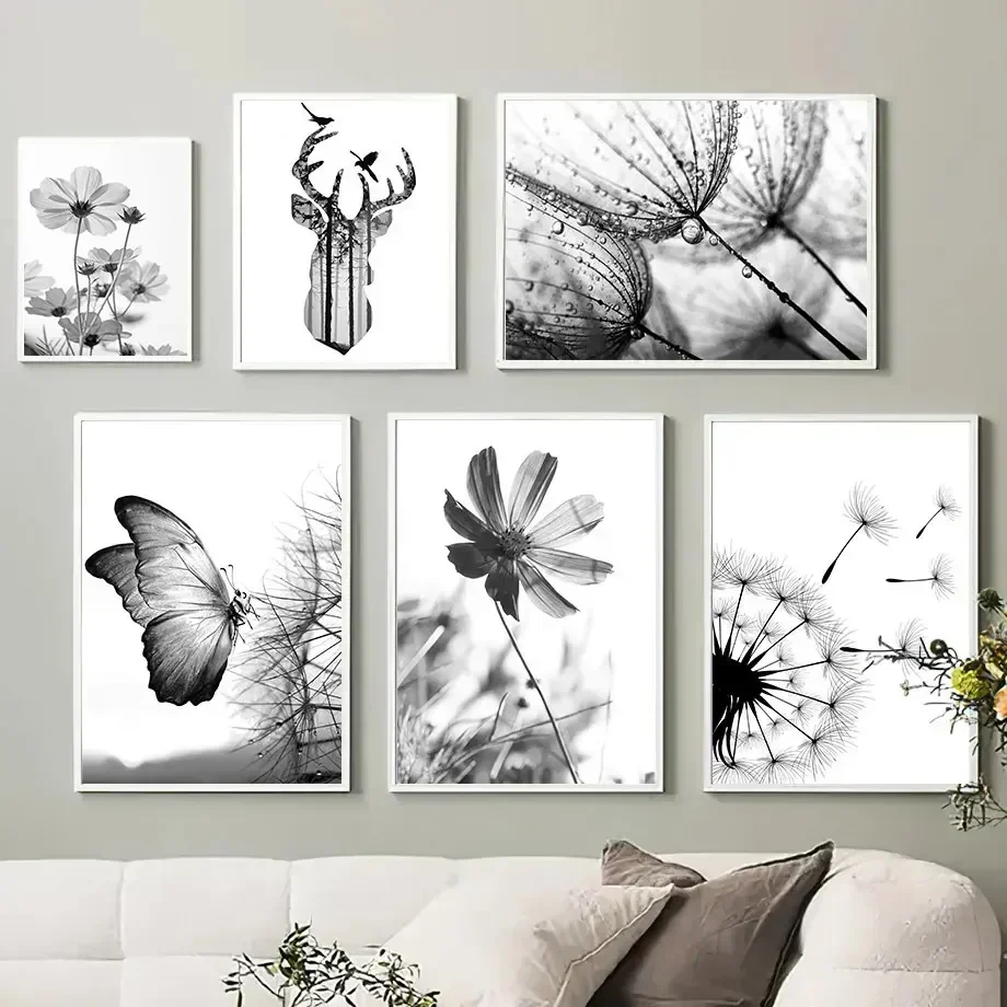 Elegant Black and White Floral Dandelion Butterfly Canvas Wall Art Modern Home Decor for Living Room Bedroom