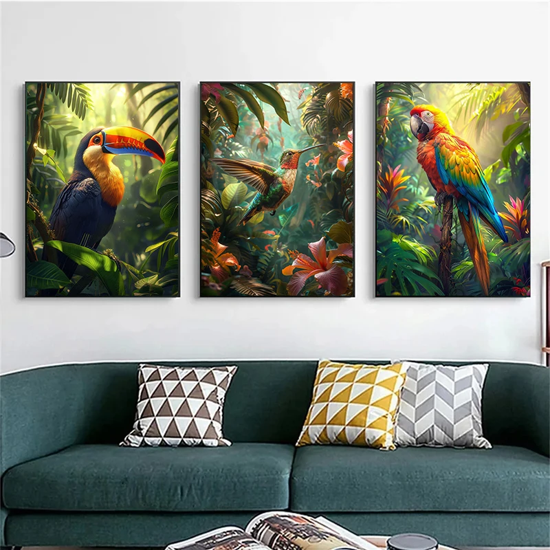 Tropical Animals Fantasy Poster Tiger Leopard Parrot in Jungle Canvas Painting Wall Prints Picture for Living Room Home Decor - Image 2