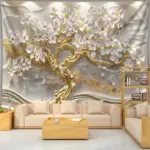 XXL Tree of Life Tapestry - White Polyester Photo Backdrop with Free Clips, for Living Room/Bedroom/Streaming Background Decor