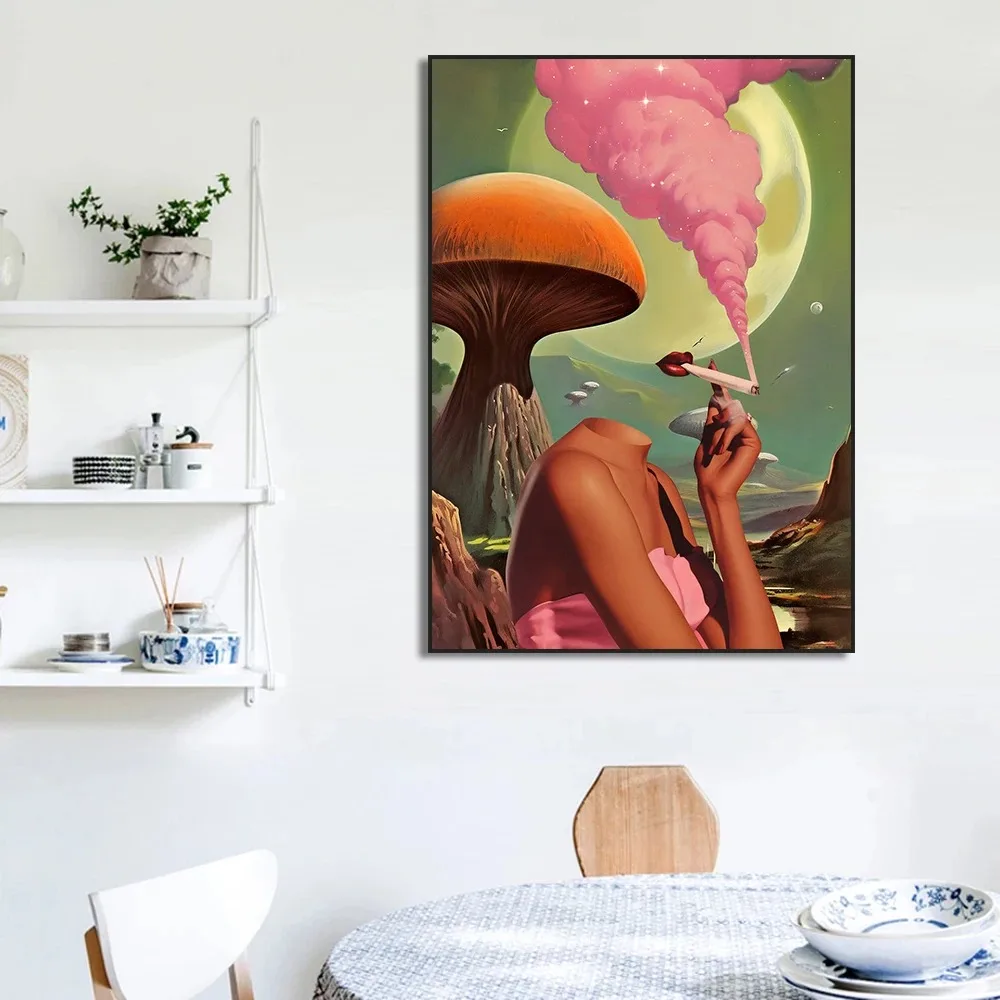 Retro Woman Smoke Surreal Mushroom Psychedelic Poster Wall Art Vintage Canvas Painting Print Pictures Living Room Home Decor - Image 3