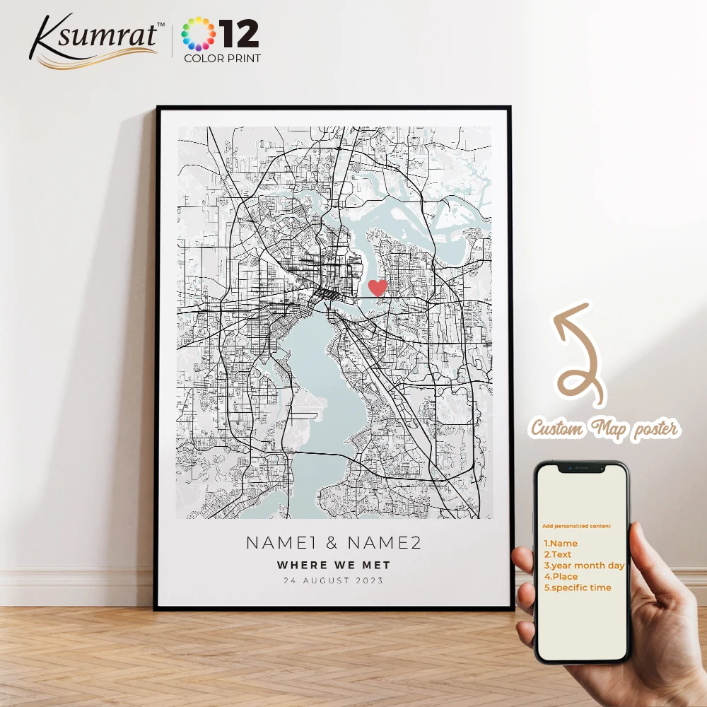 Modern Personalization Custom City Map Couple Anniversary Where We Met Wall Art Framed Print Picture Living Room Home Decor Gift