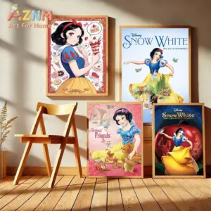 AZNM Disney Snow White Princess Sweet Dessert Animal Friends Frameless Canvas Wall Art for Girls Room Nursery Home Decor Paintin