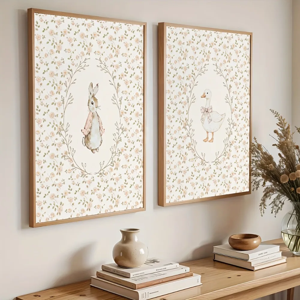 2pcs Frameless Cute Rabbit and Silly Goose Nursery Poster,Farmhouse Pollen Red Canvas Art,Living Room Decor,Whimsical Design - Image 3