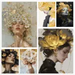 Portrait Art Poster Canvas Oil Paintings Prints Wall Living Room Bedroom Home Decor Ethereal Floral Gold Foil Women's